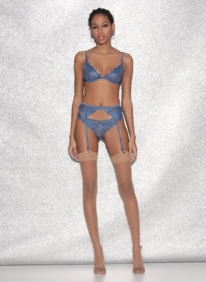 Fleur Du Mal Panties and Garters Women Denim Lily Embroidery Garter Belt Denim