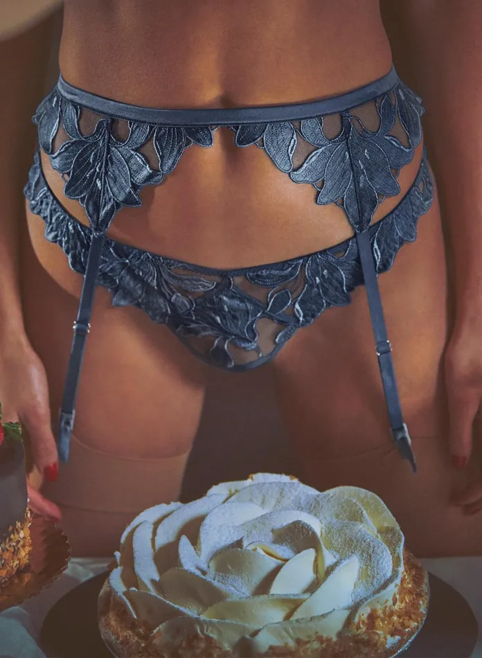 Fleur Du Mal Panties and Garters Women Denim Lily Embroidery Garter Belt Denim