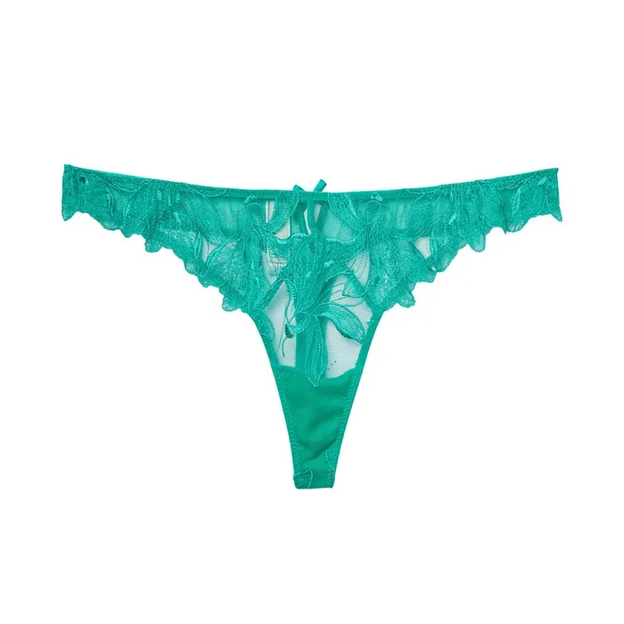 Fleur Du Mal Panties and Garters Women Lily Embroidery Hipster Thong Emerald
