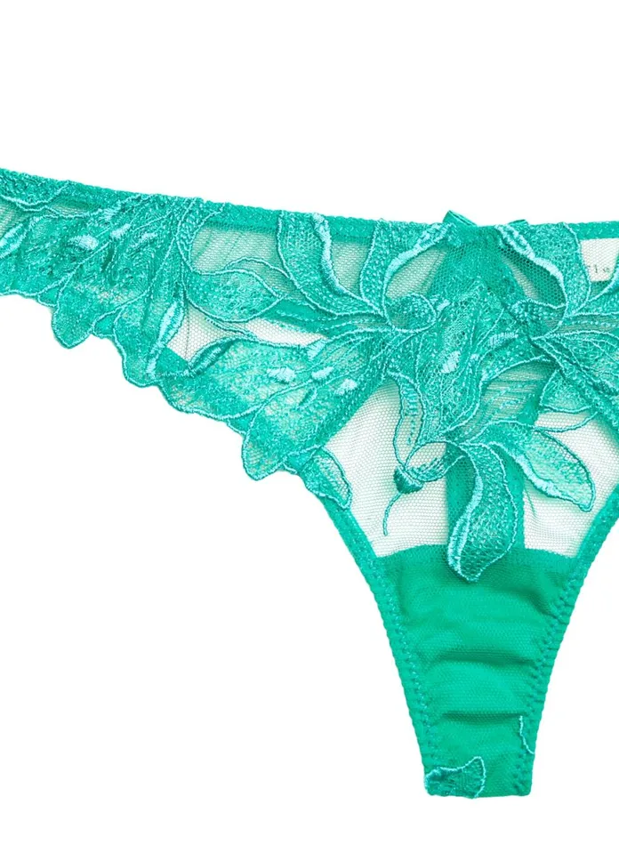 Fleur Du Mal Panties and Garters Women Lily Embroidery Hipster Thong Emerald