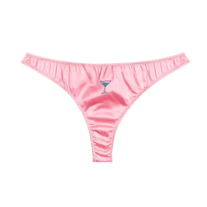 Fleur Du Mal Panties and Garters Women Martini Embroidered Luxe Thong Pink Lemonade