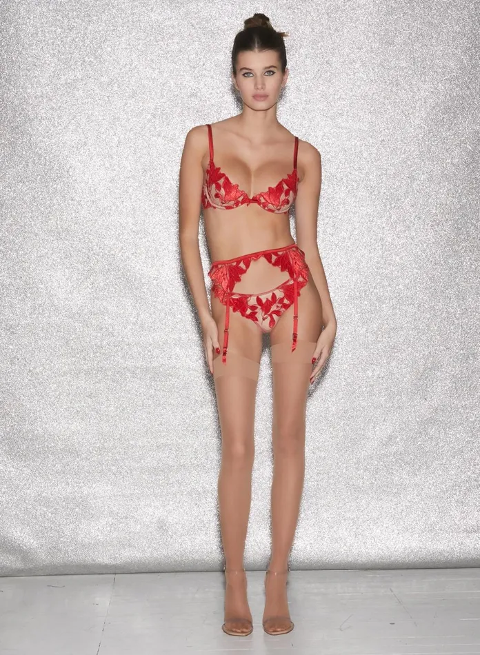 Fleur Du Mal Panties and Garters Women Velvet Lily Embroidery Hipster Thong Rouge