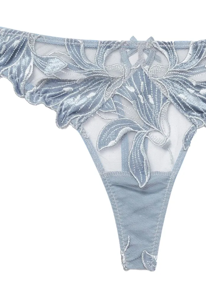 Fleur Du Mal Panties and Garters Women Velvet Lily Embroidery Hipster Thong Steel Blue Fleur Du Mal Panties and Garters Women Velvet Lily Embroidery Hipster Thong Steel Blue