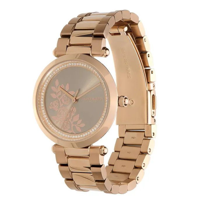 Floral Watches Women Olivia Burton 34mm Floral TBar Grey and Carnation Gold Bracelet Watch