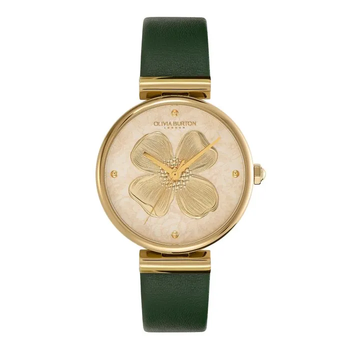 Floral Watches Women Olivia Burton 36mm Dogwood TBar Gold and Green Leather Strap Watch Floral Watches Women Olivia Burton 36mm Dogwood TBar Gold and Green Leather Strap Watch