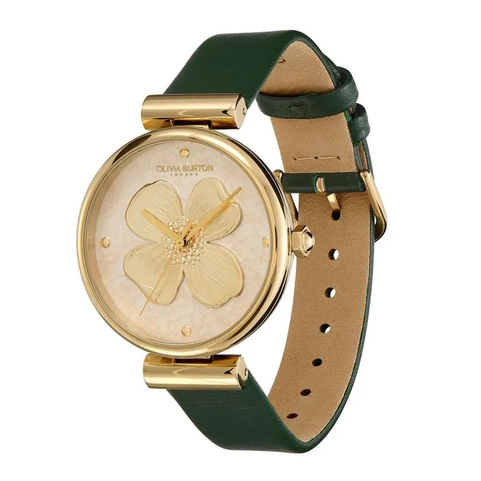 Floral Watches Women Olivia Burton 36mm Dogwood TBar Gold and Green Leather Strap Watch