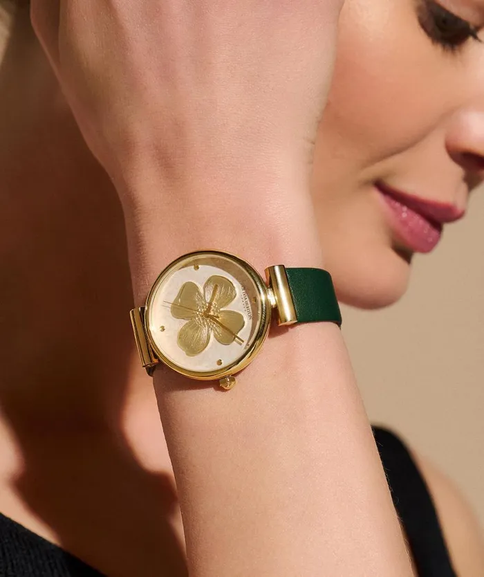 Floral Watches Women Olivia Burton 36mm Dogwood TBar Gold and Green Leather Strap Watch