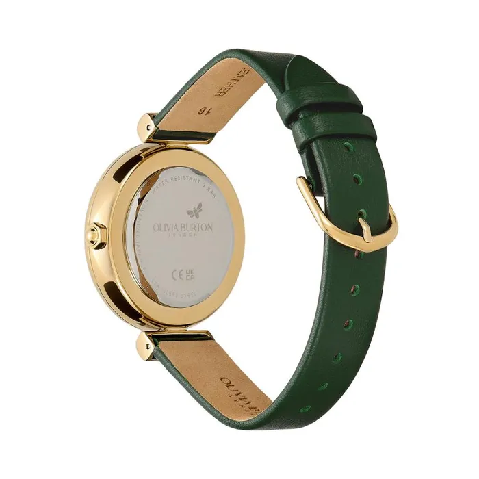 Floral Watches Women Olivia Burton 36mm Dogwood TBar Gold and Green Leather Strap Watch