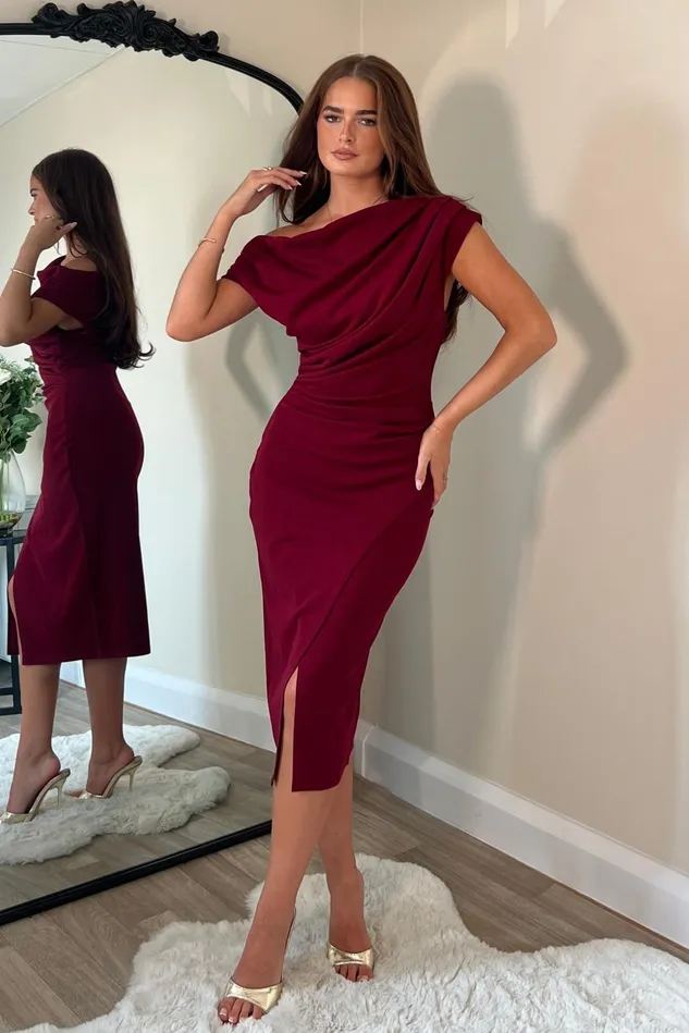Girl In Mind Bodycon Dresses Ariana Asymmetric Midi Dress Wine 8211 Women