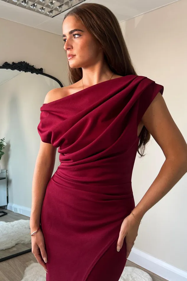 Girl In Mind Bodycon Dresses Ariana Asymmetric Midi Dress Wine 8211 Women