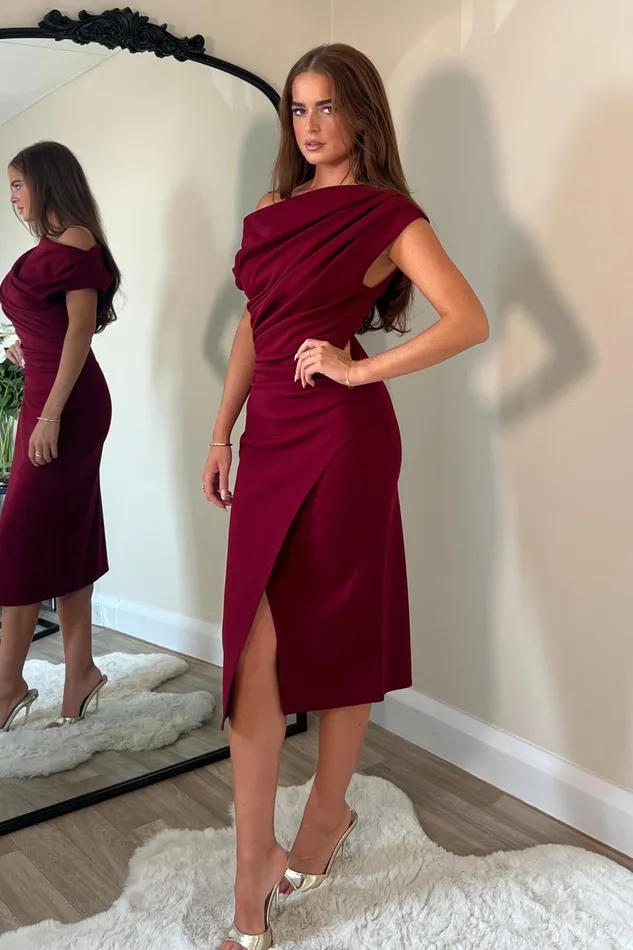 Girl In Mind Bodycon Dresses Ariana Asymmetric Midi Dress Wine 8211 Women