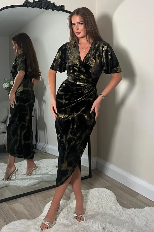 Girl In Mind Bodycon Dresses Natasha Angel Sleeve Wrap Midi Dress In Black And Gold Velvet 8211 Women Girl In Mind Bodycon Dresses Natasha Angel Sleeve Wrap Midi Dress In Black And Gold Velvet 8211 Women