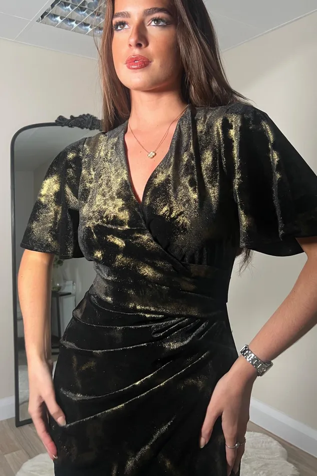 Girl In Mind Bodycon Dresses Natasha Angel Sleeve Wrap Midi Dress In Black And Gold Velvet 8211 Women