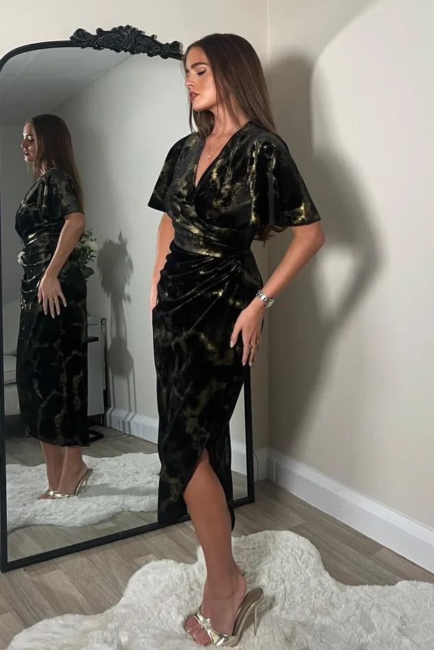 Girl In Mind Bodycon Dresses Natasha Angel Sleeve Wrap Midi Dress In Black And Gold Velvet 8211 Women