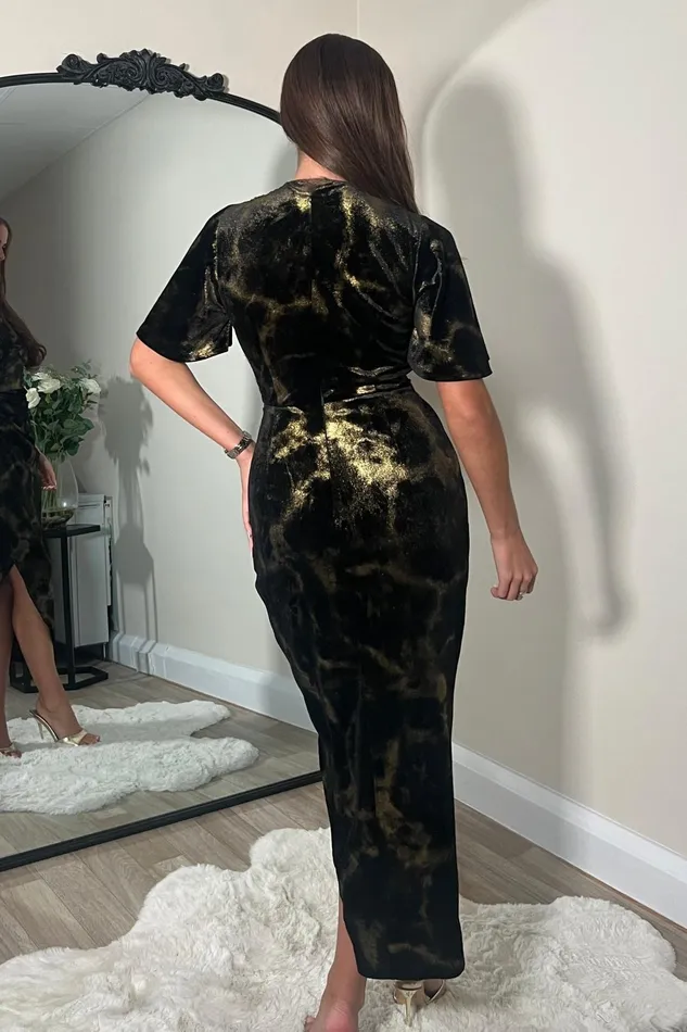 Girl In Mind Bodycon Dresses Natasha Angel Sleeve Wrap Midi Dress In Black And Gold Velvet 8211 Women