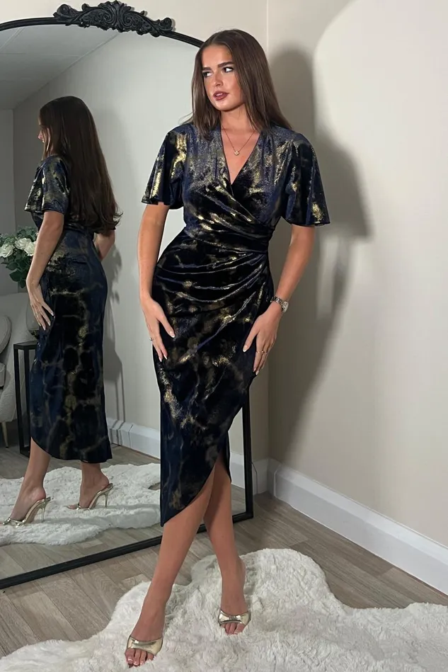Girl In Mind Bodycon Dresses Natasha Angel Sleeve Wrap Midi Dress In Navy And Gold Velvet 8211 Women Girl In Mind Bodycon Dresses Natasha Angel Sleeve Wrap Midi Dress In Navy And Gold Velvet 8211 Women
