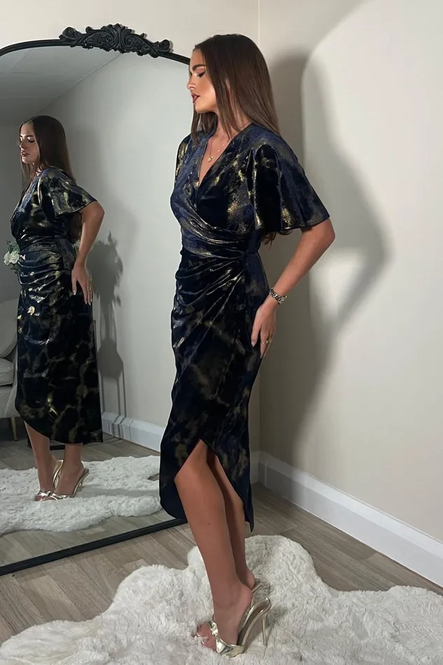 Girl In Mind Bodycon Dresses Natasha Angel Sleeve Wrap Midi Dress In Navy And Gold Velvet 8211 Women