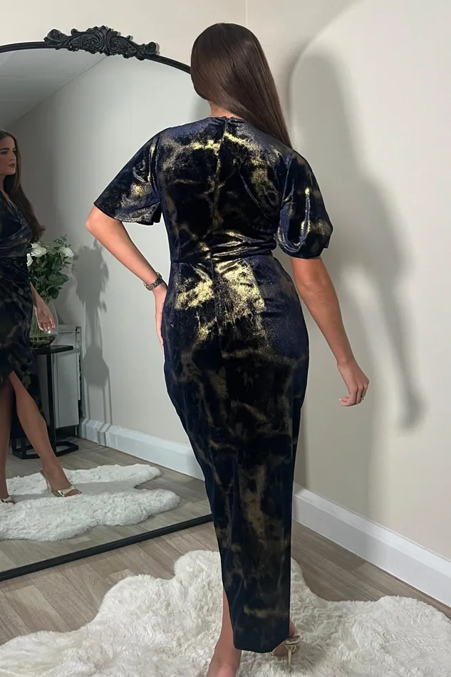 Girl In Mind Bodycon Dresses Natasha Angel Sleeve Wrap Midi Dress In Navy And Gold Velvet 8211 Women