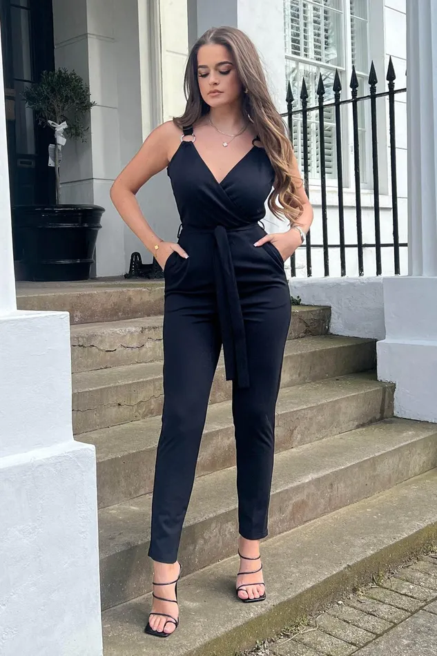 Girl In Mind Jumpsuits and Playsuits Alexa Ring Detail Wrap Neck Jumpsuit 8211 Women