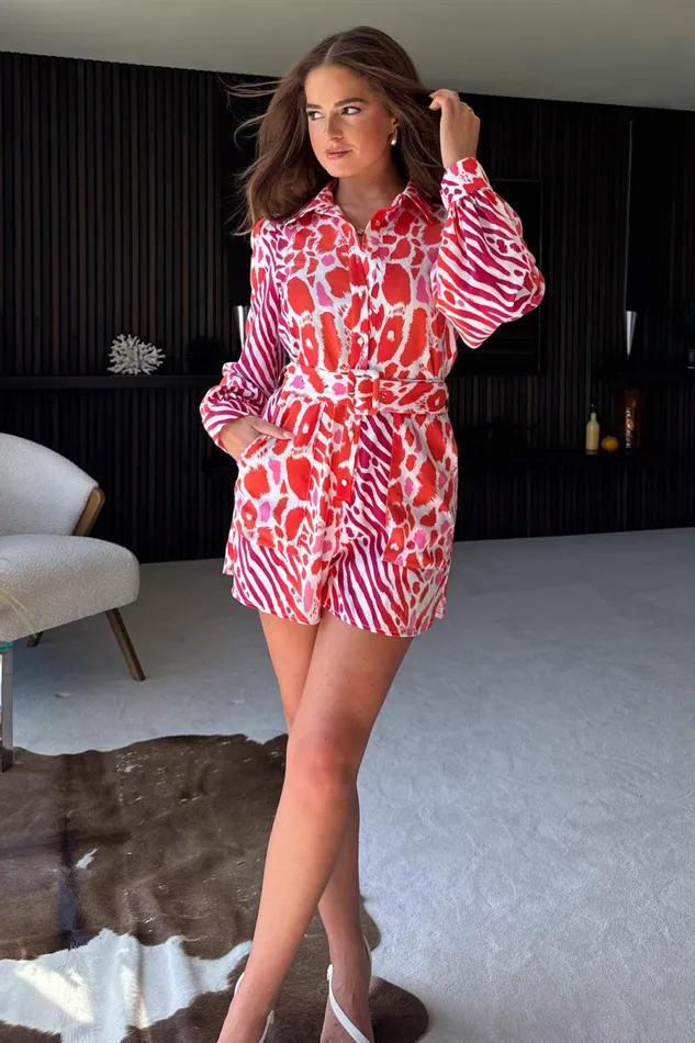 Girl In Mind Jumpsuits and Playsuits Chester Red Animal Belted Playsuit 8211 Women