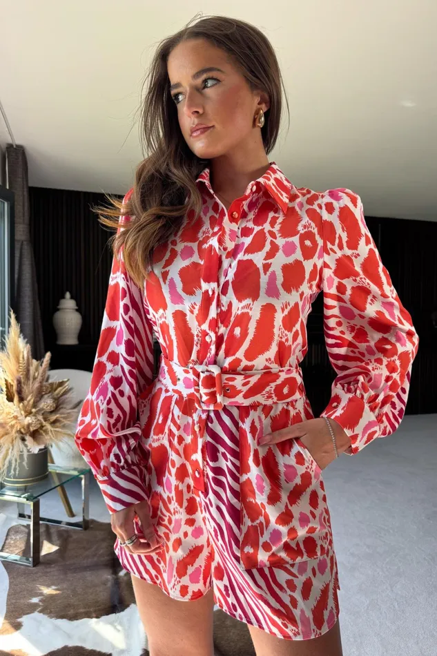 Girl In Mind Jumpsuits and Playsuits Chester Red Animal Belted Playsuit 8211 Women
