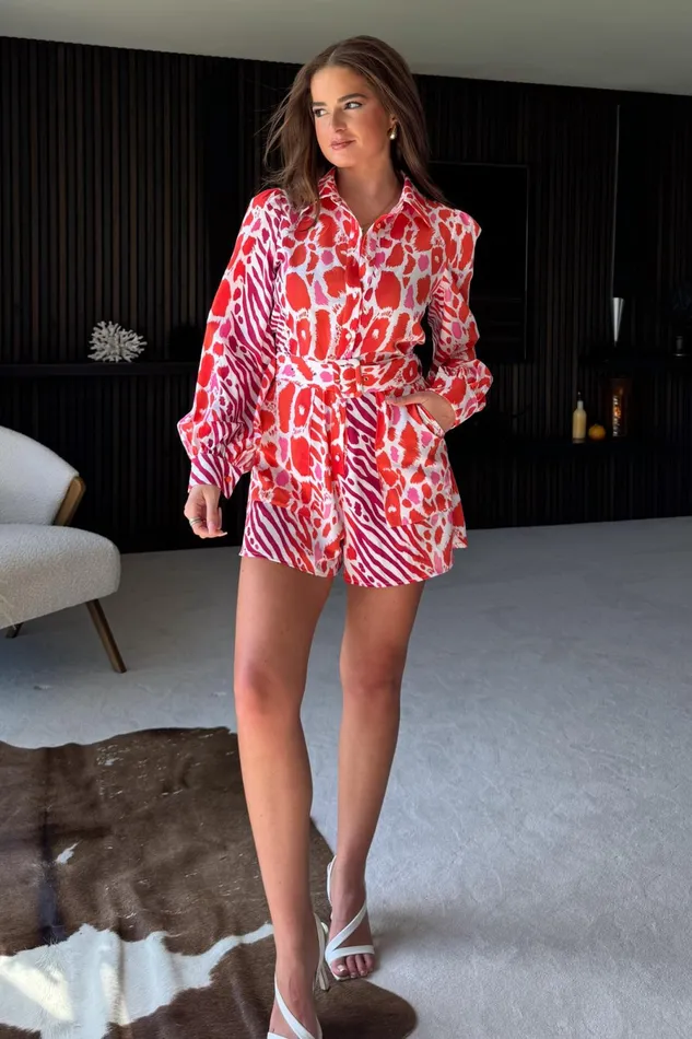 Girl In Mind Jumpsuits and Playsuits Chester Red Animal Belted Playsuit 8211 Women