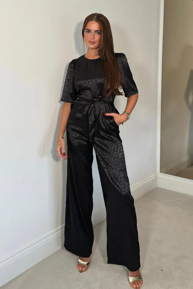 Girl In Mind Jumpsuits and Playsuits Delilah Black Leopard 34 Sleeve Wide Leg Jumpsuit 8211 Women