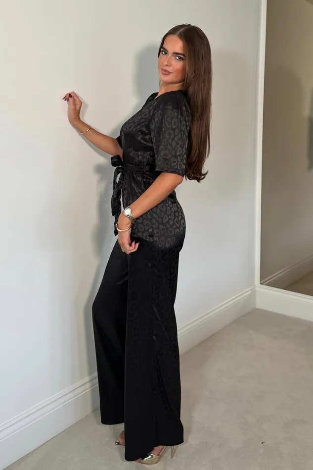 Girl In Mind Jumpsuits and Playsuits Delilah Black Leopard 34 Sleeve Wide Leg Jumpsuit 8211 Women