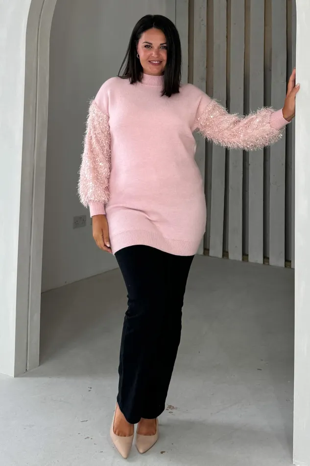 Girl In Mind Knitwear Emmy Pink Knit Textured Sleeve Jumper Dress 8211 Women