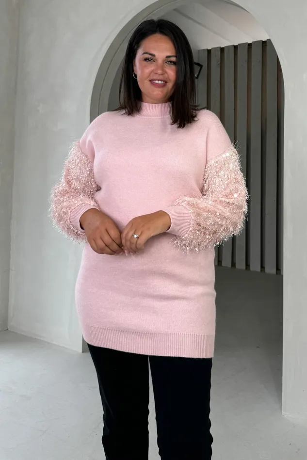 Girl In Mind Knitwear Emmy Pink Knit Textured Sleeve Jumper Dress 8211 Women