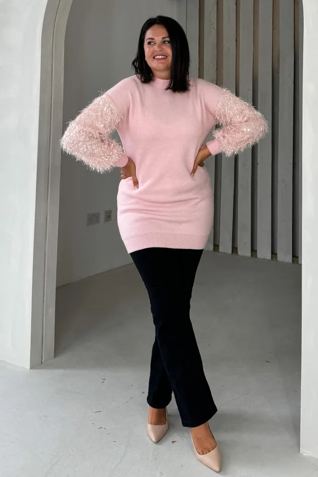 Girl In Mind Knitwear Emmy Pink Knit Textured Sleeve Jumper Dress 8211 Women