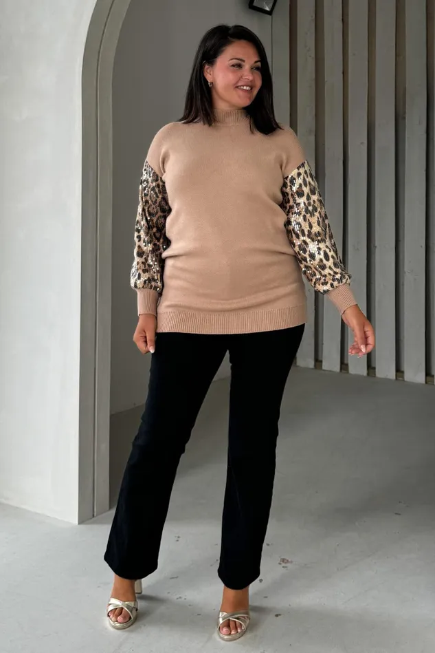 Girl In Mind Knitwear Inez Camel Knit Sequin Leopard Sleeve Jumper Dress 8211 Women