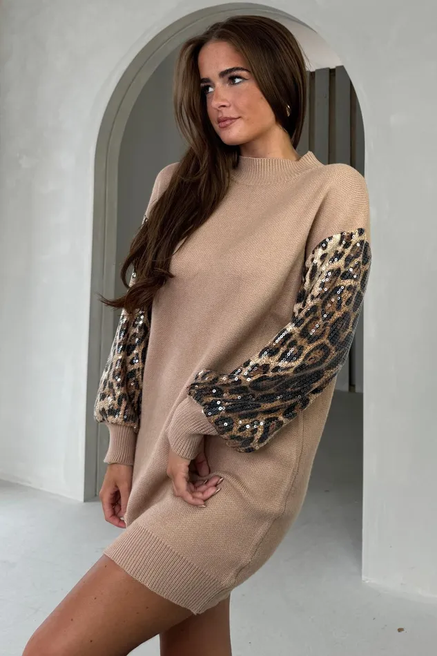 Girl In Mind Knitwear Inez Camel Knit Sequin Leopard Sleeve Jumper Dress 8211 Women