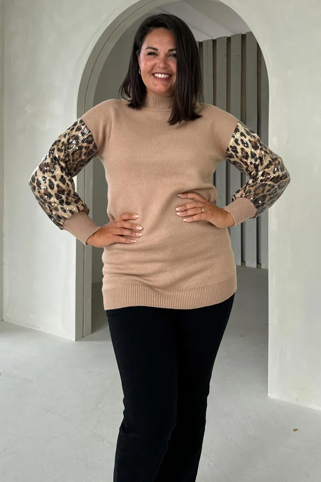 Girl In Mind Knitwear Inez Camel Knit Sequin Leopard Sleeve Jumper Dress 8211 Women