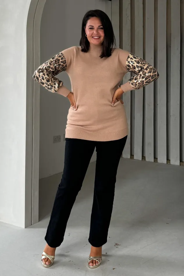 Girl In Mind Knitwear Inez Camel Knit Sequin Leopard Sleeve Jumper Dress 8211 Women