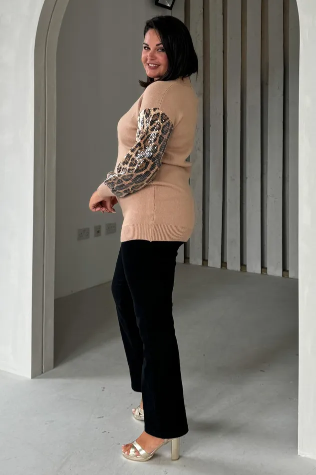 Girl In Mind Knitwear Inez Camel Knit Sequin Leopard Sleeve Jumper Dress 8211 Women