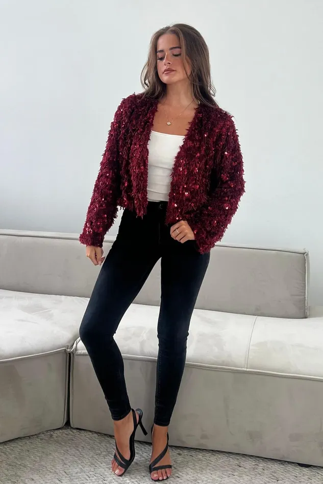 Girl In Mind Knitwear Lynn Sequin Cropped Cardigan Wine 8211 Women