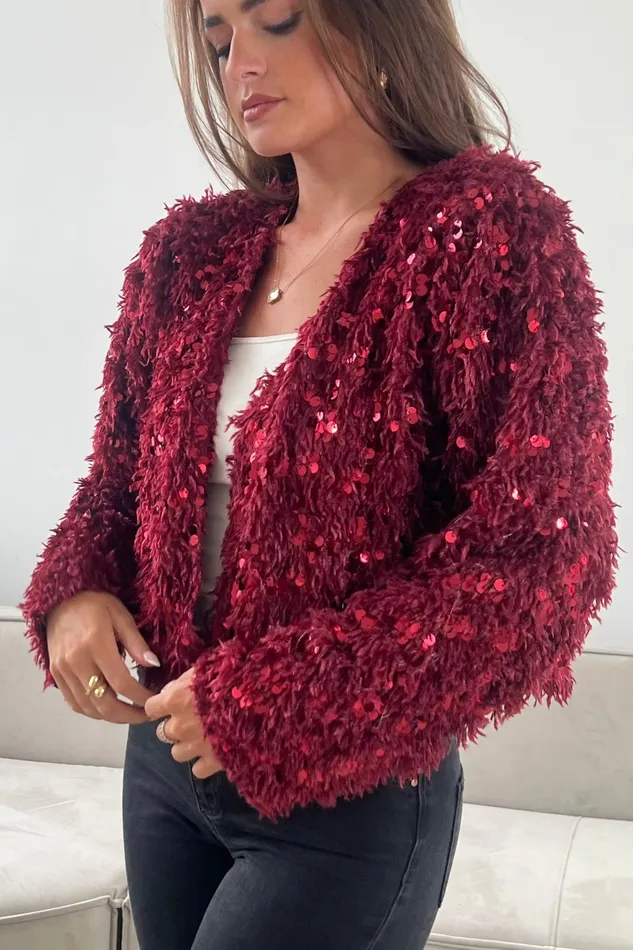 Girl In Mind Knitwear Lynn Sequin Cropped Cardigan Wine 8211 Women