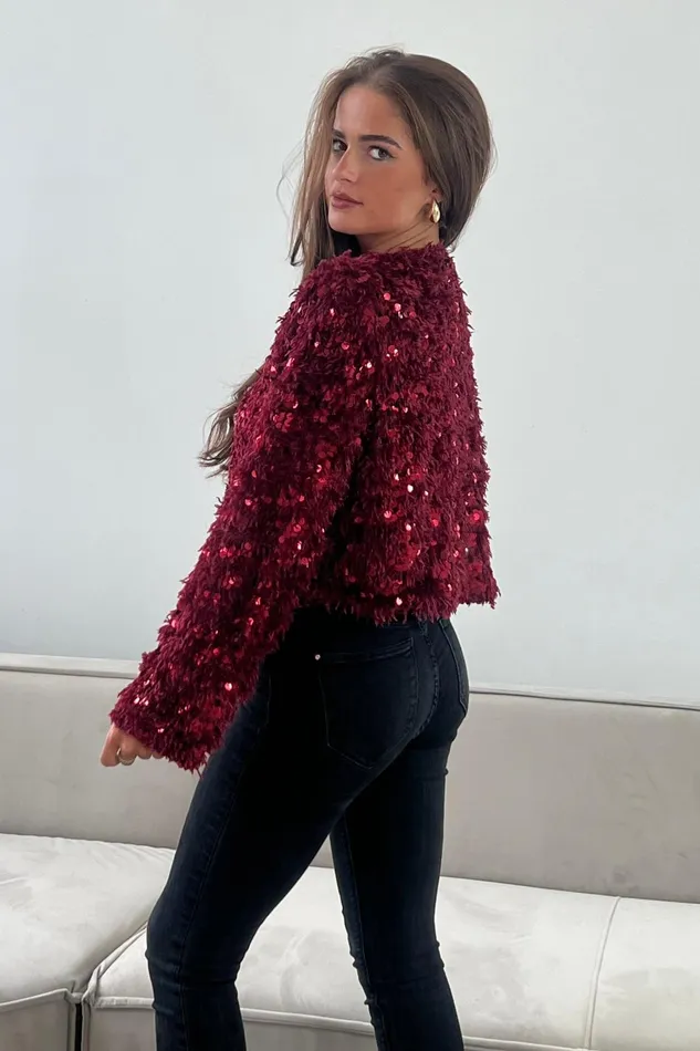 Girl In Mind Knitwear Lynn Sequin Cropped Cardigan Wine 8211 Women