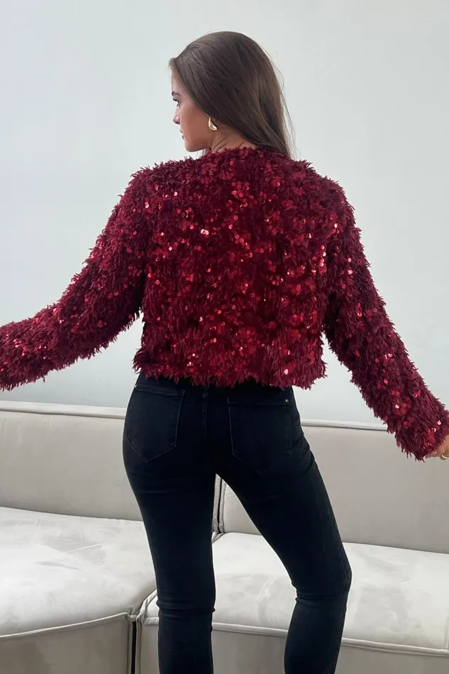 Girl In Mind Knitwear Lynn Sequin Cropped Cardigan Wine 8211 Women