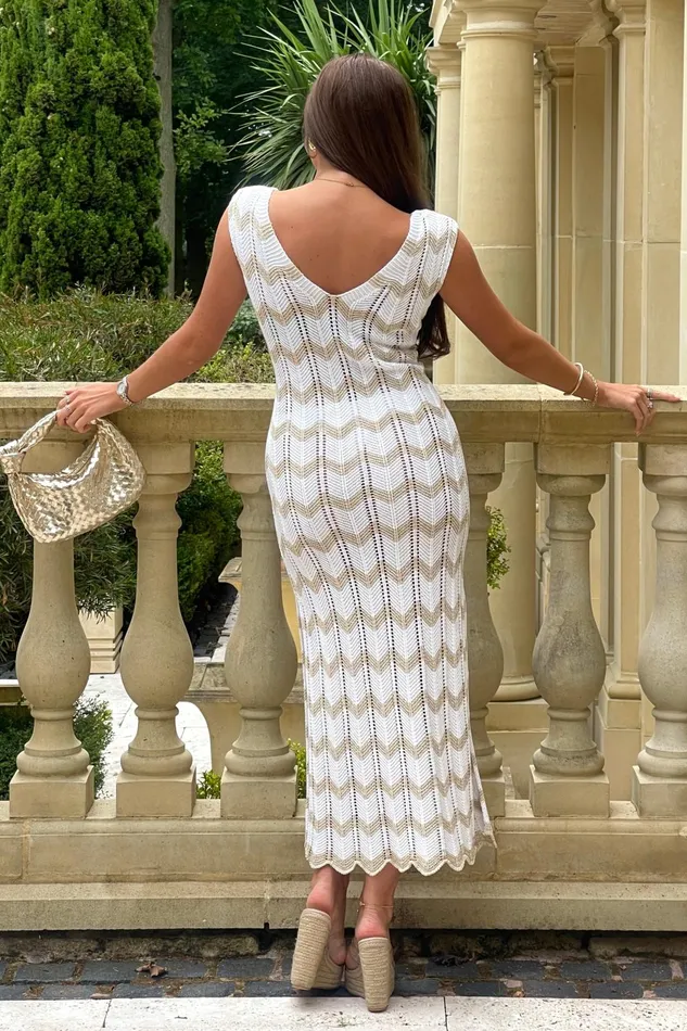 Girl In Mind Knitwear Perla Gold Crochet Chevron V Neck Maxi Dress 8211 Women