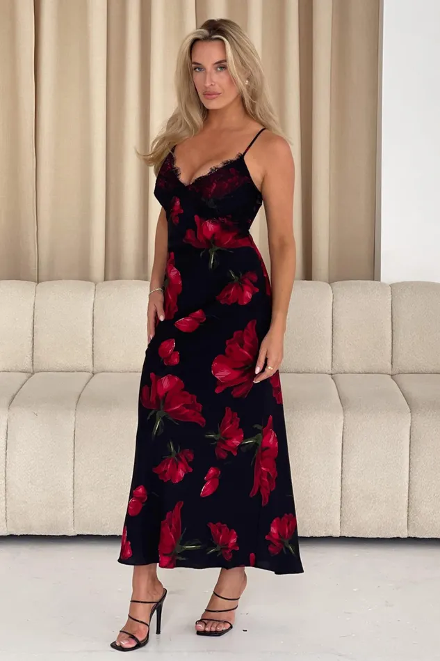 Girl In Mind Lace Dresses Anne Red Floral Slip Dress With Black Lace 8211 Women