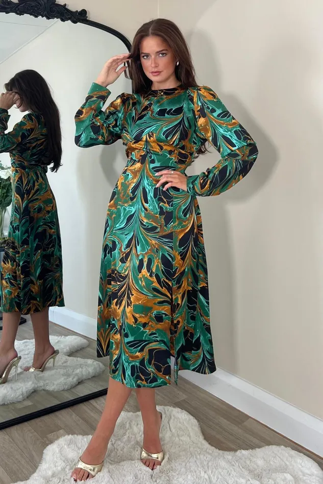 Girl In Mind Long Sleeve Dresses Cass Green Print Long Sleeve Midi Dress 8211 Women Girl In Mind Long Sleeve Dresses Cass Green Print Long Sleeve Midi Dress 8211 Women