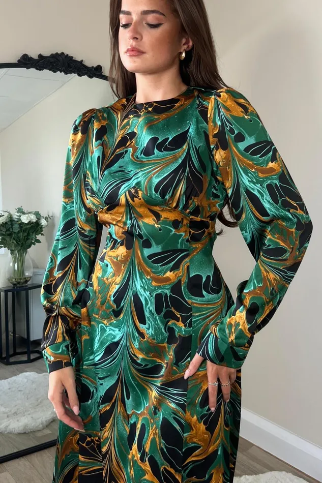 Girl In Mind Long Sleeve Dresses Cass Green Print Long Sleeve Midi Dress 8211 Women