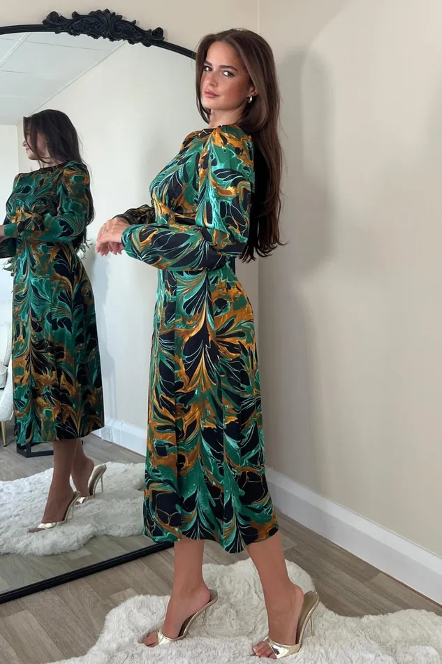 Girl In Mind Long Sleeve Dresses Cass Green Print Long Sleeve Midi Dress 8211 Women