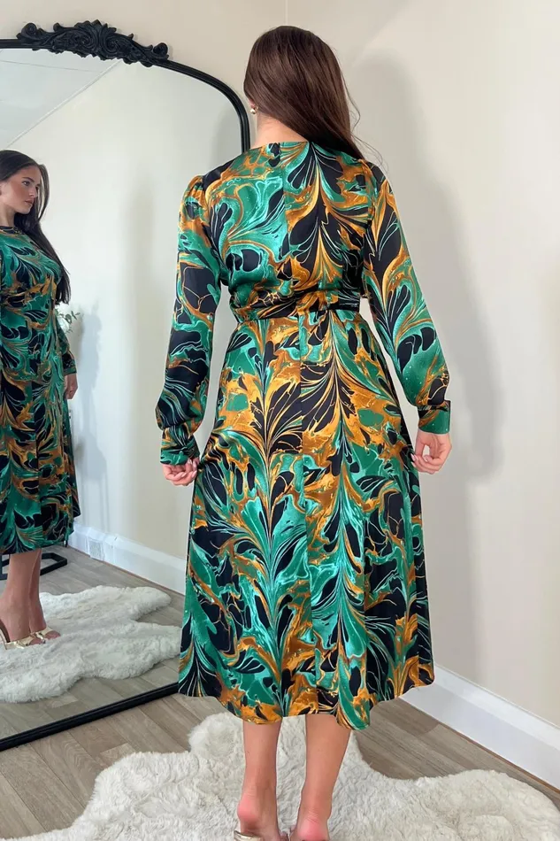 Girl In Mind Long Sleeve Dresses Cass Green Print Long Sleeve Midi Dress 8211 Women