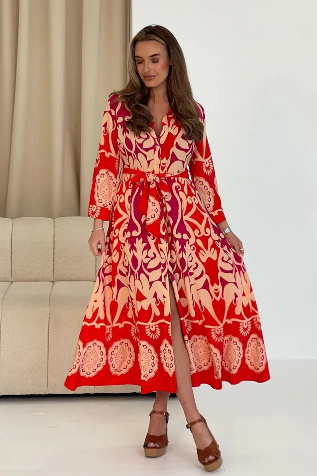 Girl In Mind Maxi Dresses Angela Red Abstract Border Print Shirt Maxi Dress 8211 Women Girl In Mind Maxi Dresses Angela Red Abstract Border Print Shirt Maxi Dress 8211 Women