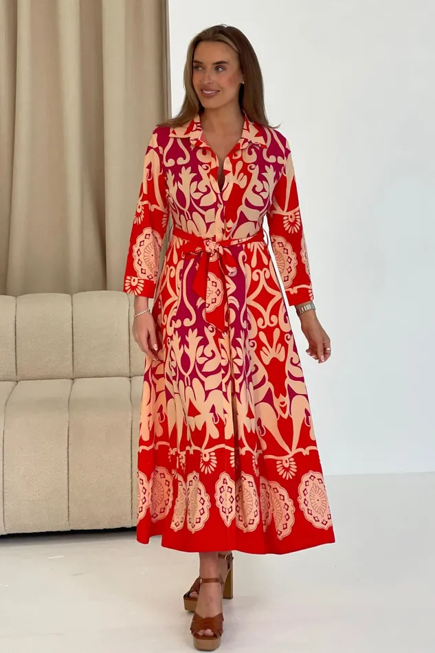 Girl In Mind Maxi Dresses Angela Red Abstract Border Print Shirt Maxi Dress 8211 Women