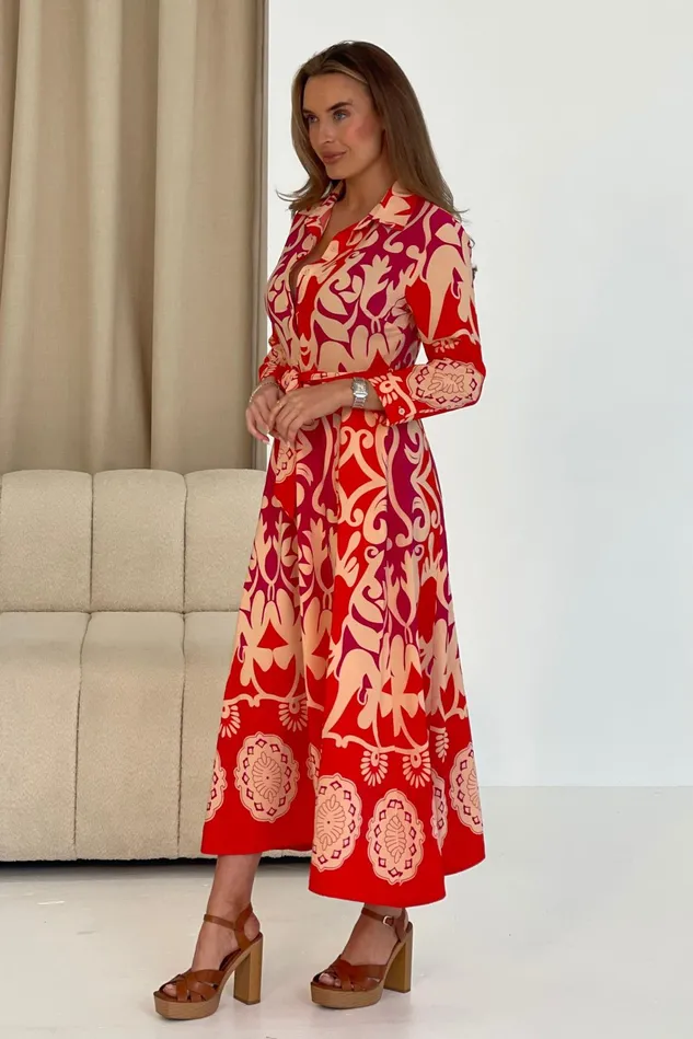 Girl In Mind Maxi Dresses Angela Red Abstract Border Print Shirt Maxi Dress 8211 Women