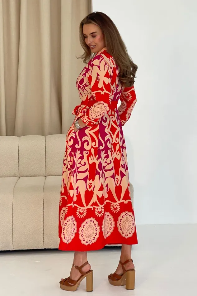 Girl In Mind Maxi Dresses Angela Red Abstract Border Print Shirt Maxi Dress 8211 Women